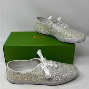 KEDS X KATE SPADE CHAMPION GLITTER WHITE SNEAKERS SATIN LACES WITH BOX SIZE 9